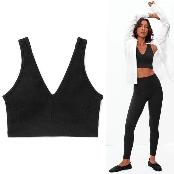 NEW Everlane The Seamless Bra Small Black Ribbed Knit Wireless Lounge Longline - Picture 1 of 6
